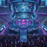 Stadion esports futuristik penuh penonton dengan layar LED raksasa