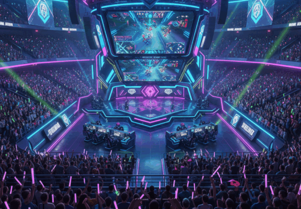 Stadion esports futuristik penuh penonton dengan layar LED raksasa