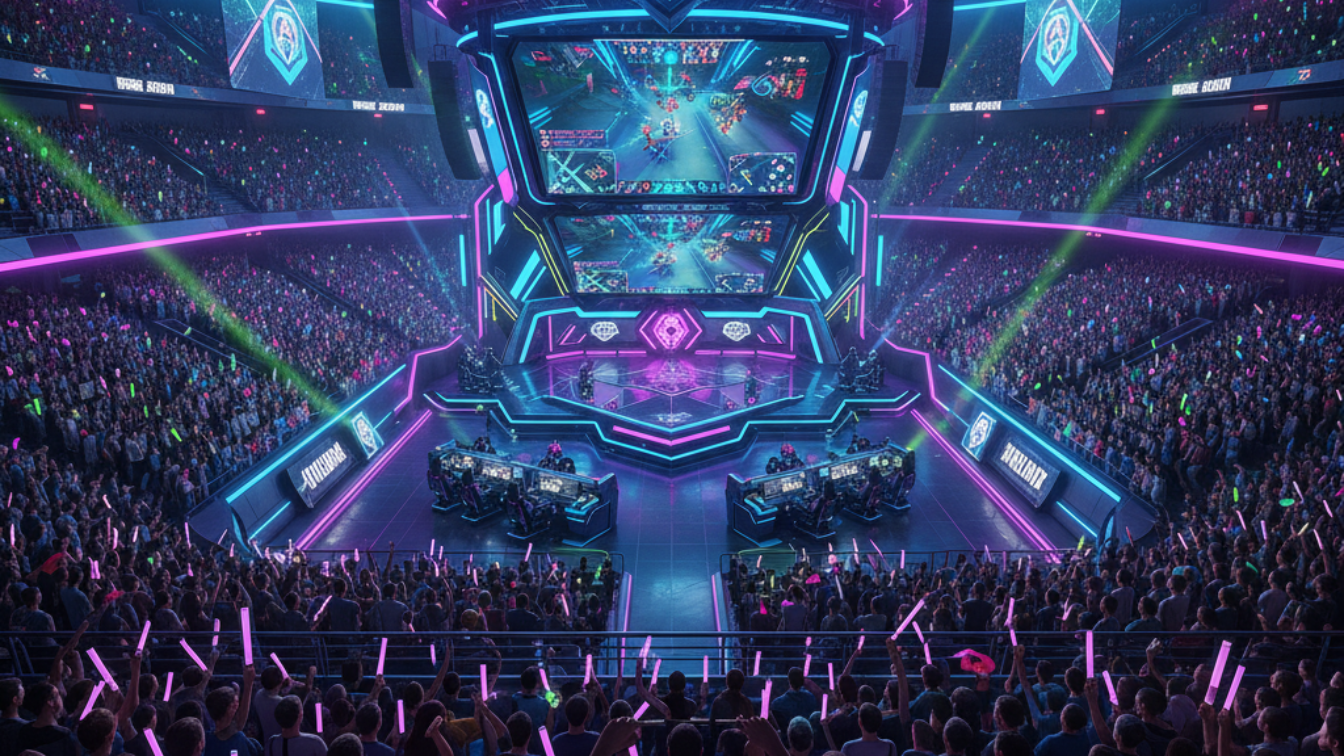 Stadion esports futuristik penuh penonton dengan layar LED raksasa