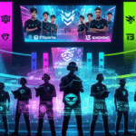 6 pelatih esports legendaris berdiri di depan arena esports penuh sorakan penonton