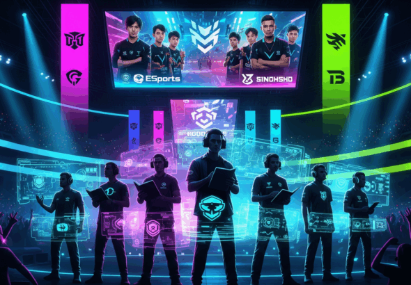 6 pelatih esports legendaris berdiri di depan arena esports penuh sorakan penonton