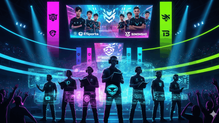 6 pelatih esports legendaris berdiri di depan arena esports penuh sorakan penonton
