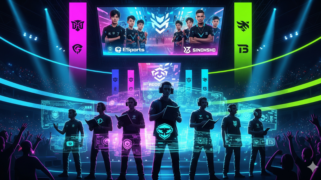 6 pelatih esports legendaris berdiri di depan arena esports penuh sorakan penonton