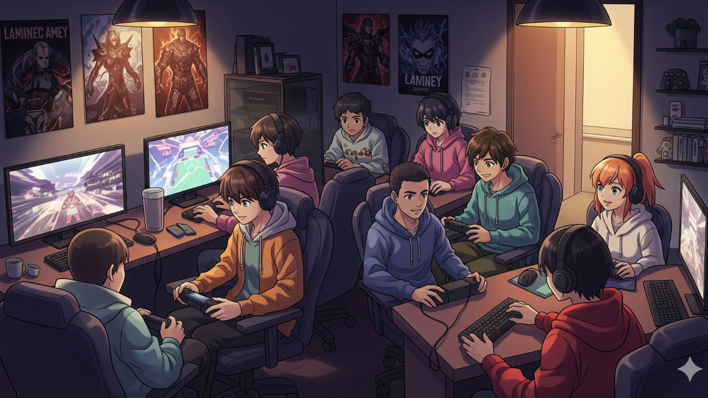 Sekelompok gamer muda bermain bersama di kafe modern