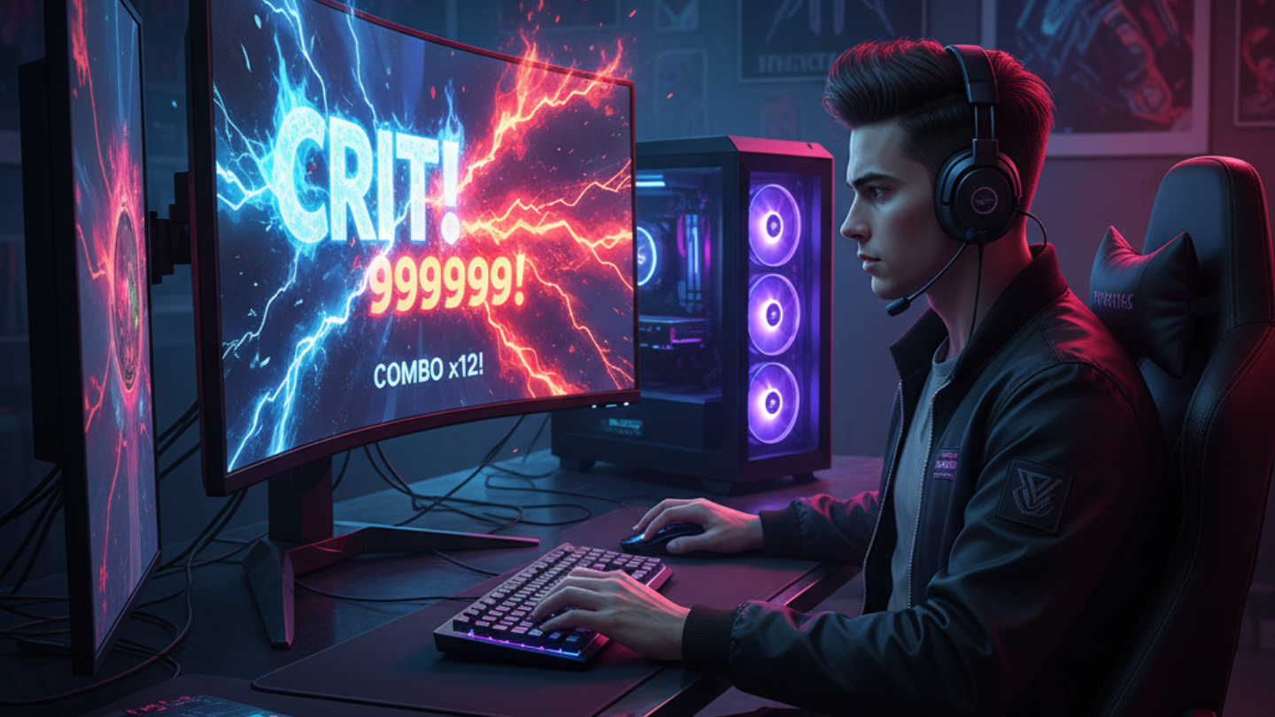 Gamer PC mengeksekusi combo mematikan di depan monitor dengan efek visual cyberpunk.