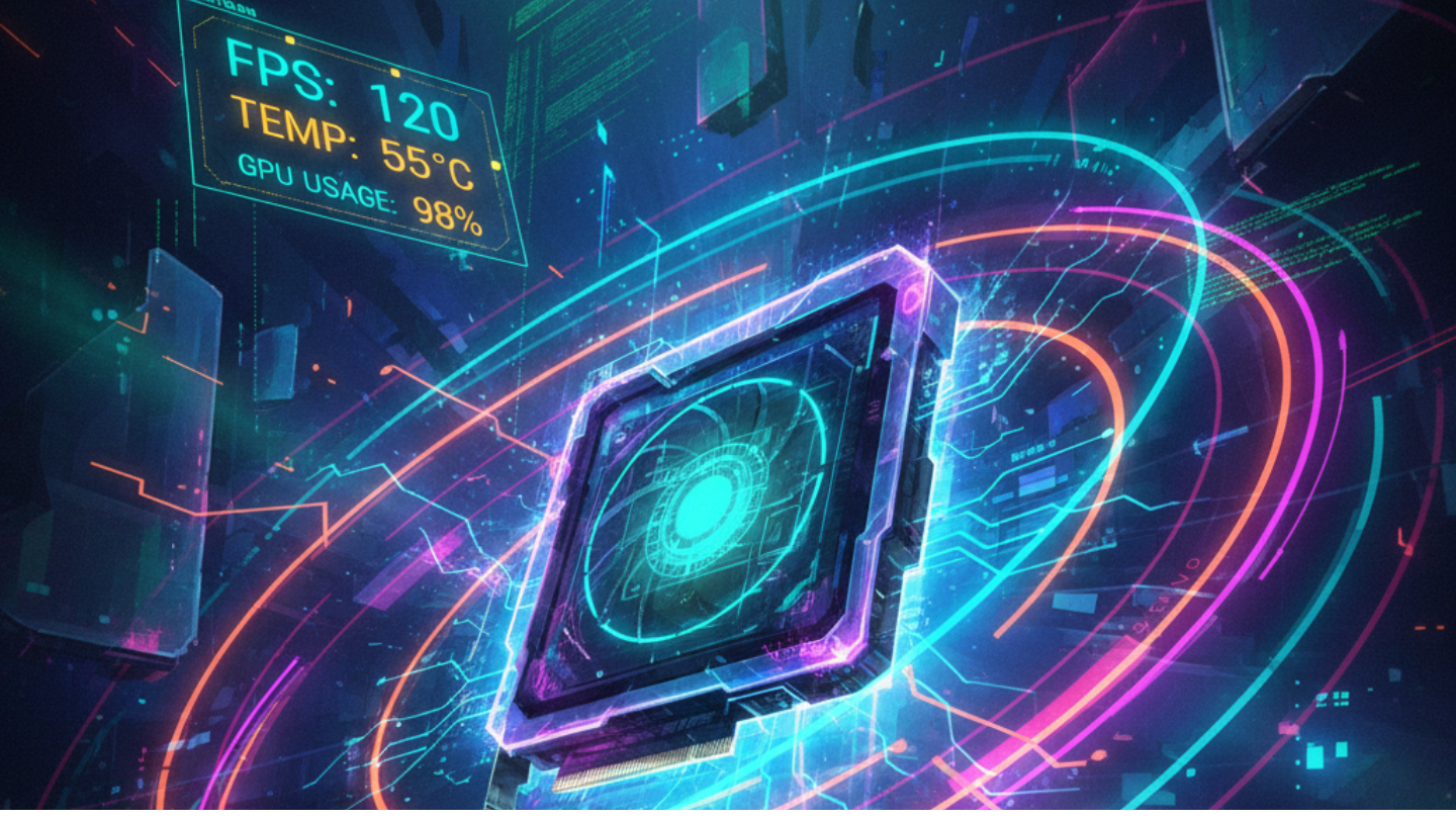 GPU futuristik bercahaya neon dengan indikator FPS stabil.