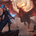 Karakter hero fantasi berdiri di arena epik dengan naga terbang.