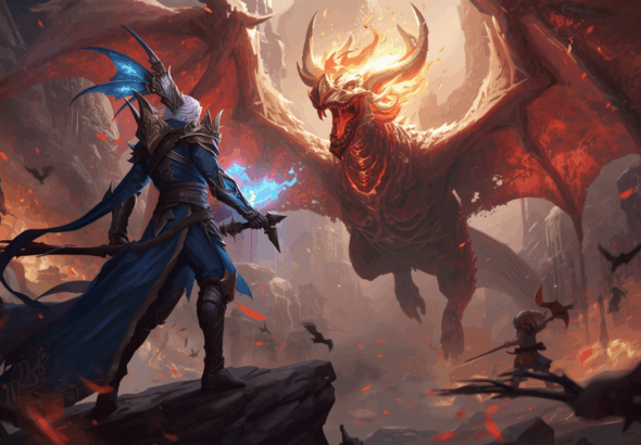 Karakter hero fantasi berdiri di arena epik dengan naga terbang.