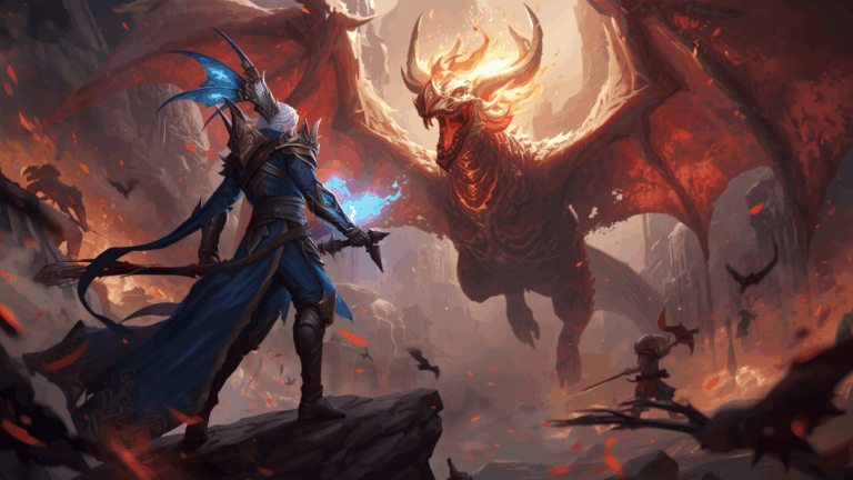 Karakter hero fantasi berdiri di arena epik dengan naga terbang.