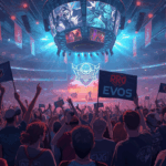 Arena e-sports Indonesia penuh penonton dengan layar LED besar.