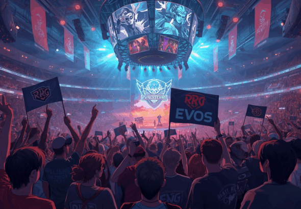 Arena e-sports Indonesia penuh penonton dengan layar LED besar.