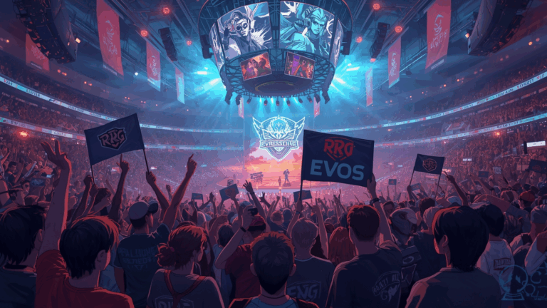 Arena e-sports Indonesia penuh penonton dengan layar LED besar.