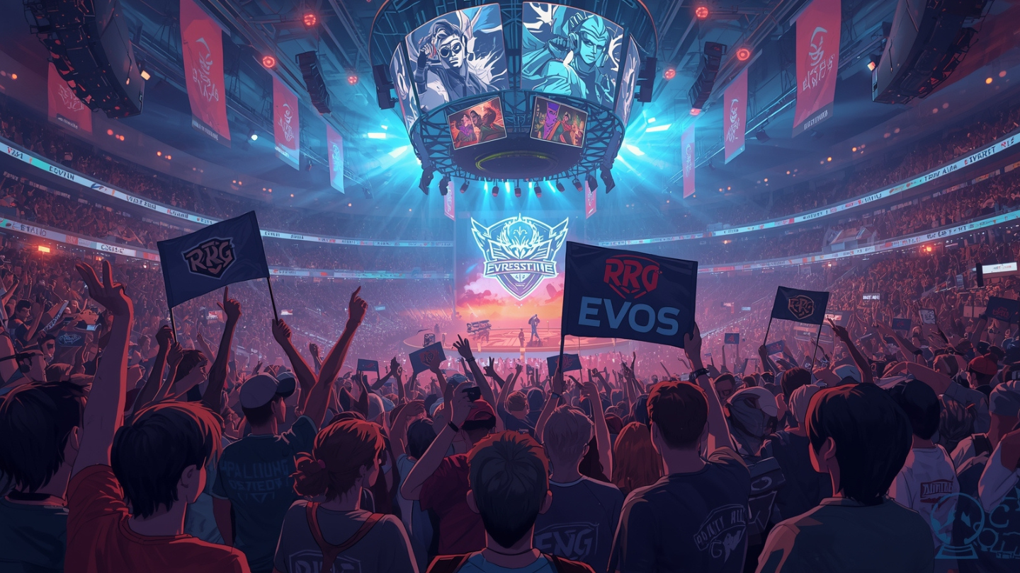 Arena e-sports Indonesia penuh penonton dengan layar LED besar.