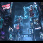 Kota futuristik cyberpunk dengan hologram berita game terbaru.