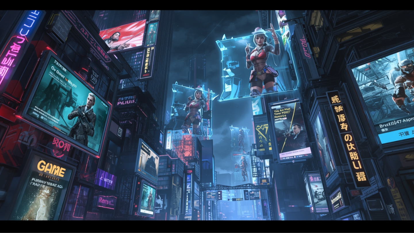 Kota futuristik cyberpunk dengan hologram berita game terbaru.