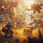 Seorang gamer farming gold di dunia MMORPG dengan tumpukan koin emas bercahaya dan peti harta karun.