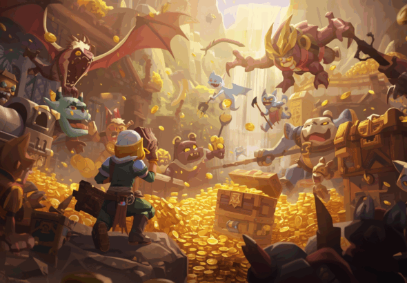 Seorang gamer farming gold di dunia MMORPG dengan tumpukan koin emas bercahaya dan peti harta karun.