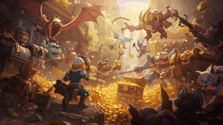 Seorang gamer farming gold di dunia MMORPG dengan tumpukan koin emas bercahaya dan peti harta karun.