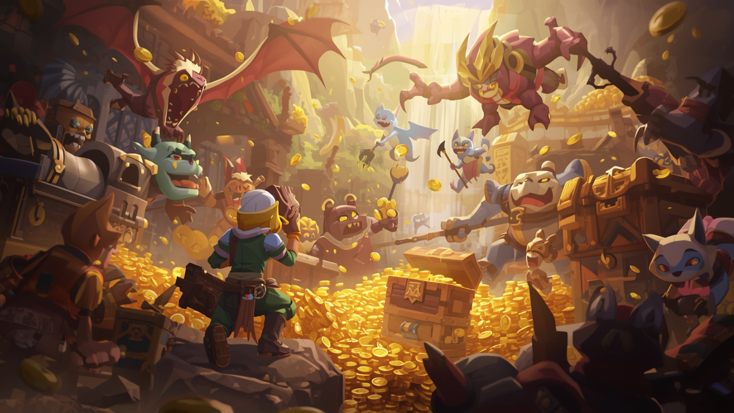 Seorang gamer farming gold di dunia MMORPG dengan tumpukan koin emas bercahaya dan peti harta karun.