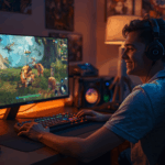 Pemain RPG sedang menikmati proses grinding di depan layar komputer dengan suasana hangat dan santai.