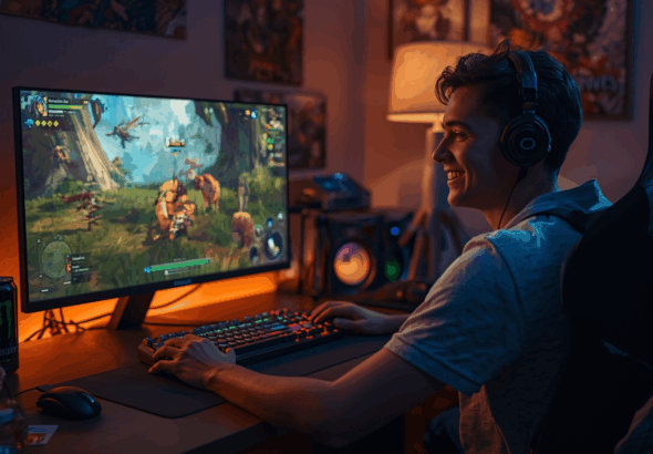 Pemain RPG sedang menikmati proses grinding di depan layar komputer dengan suasana hangat dan santai.