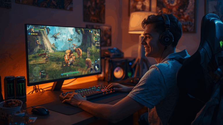 Pemain RPG sedang menikmati proses grinding di depan layar komputer dengan suasana hangat dan santai.