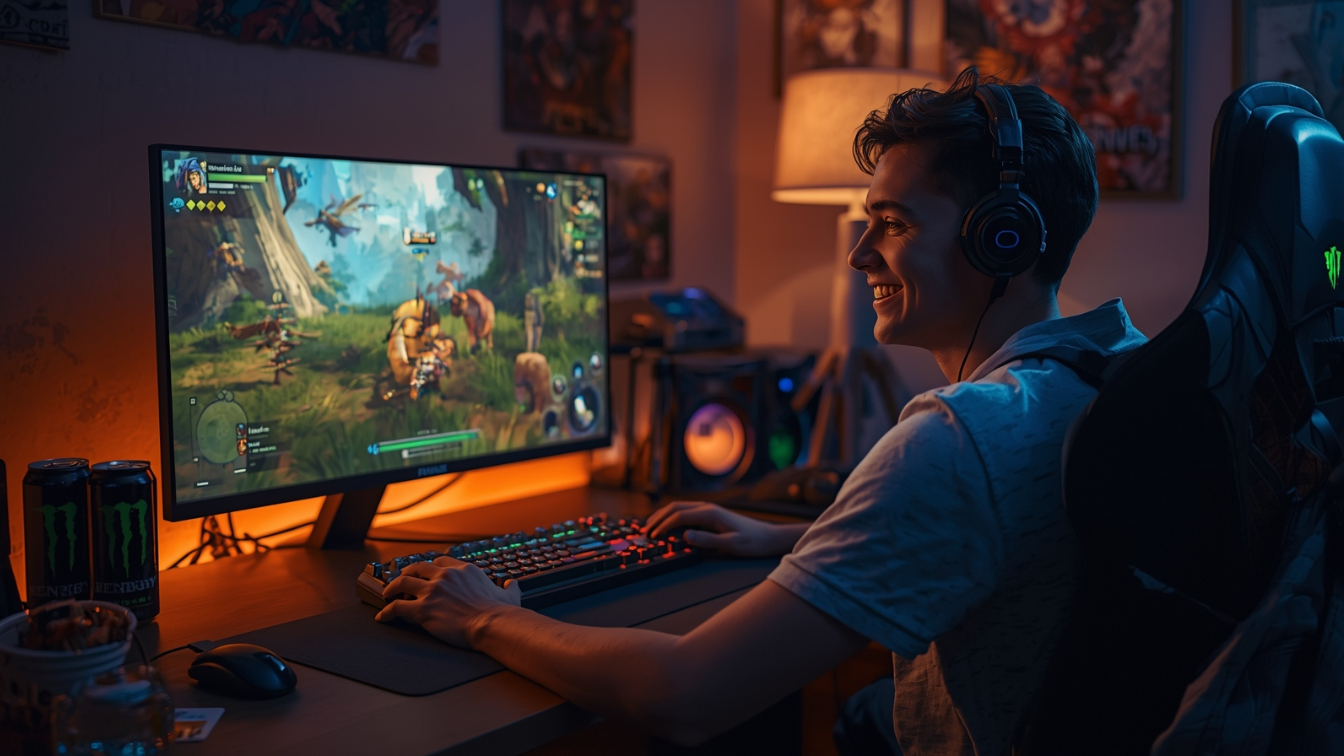 Pemain RPG sedang menikmati proses grinding di depan layar komputer dengan suasana hangat dan santai.