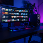 Pemain melihat daftar game baru di monitor gaming modern dengan pencahayaan neon.