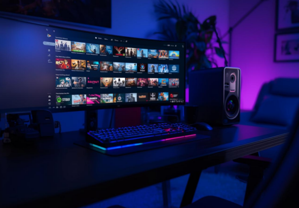 Pemain melihat daftar game baru di monitor gaming modern dengan pencahayaan neon.