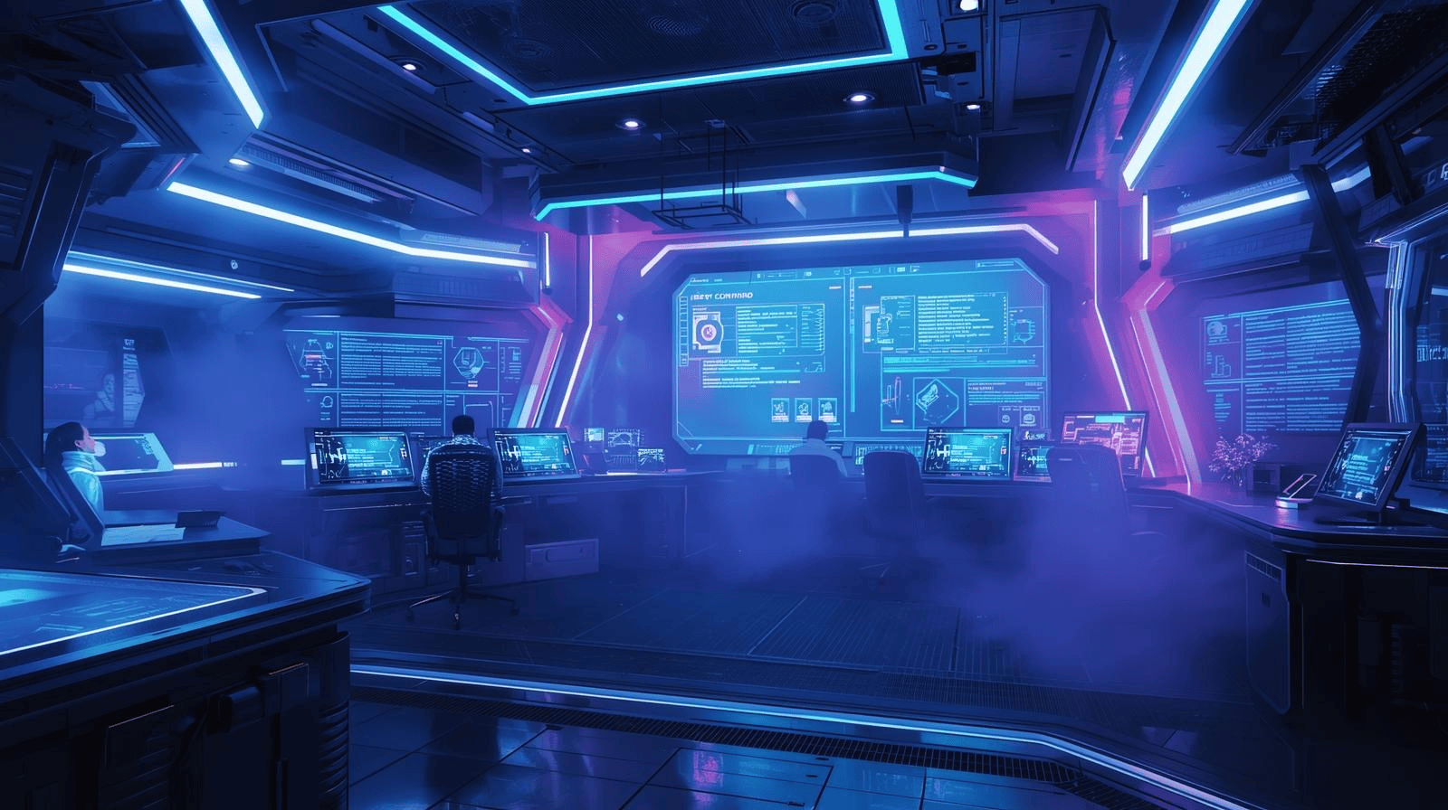 Pusat komando futuristik dengan hologram bocoran rumor game AAA terbaru.