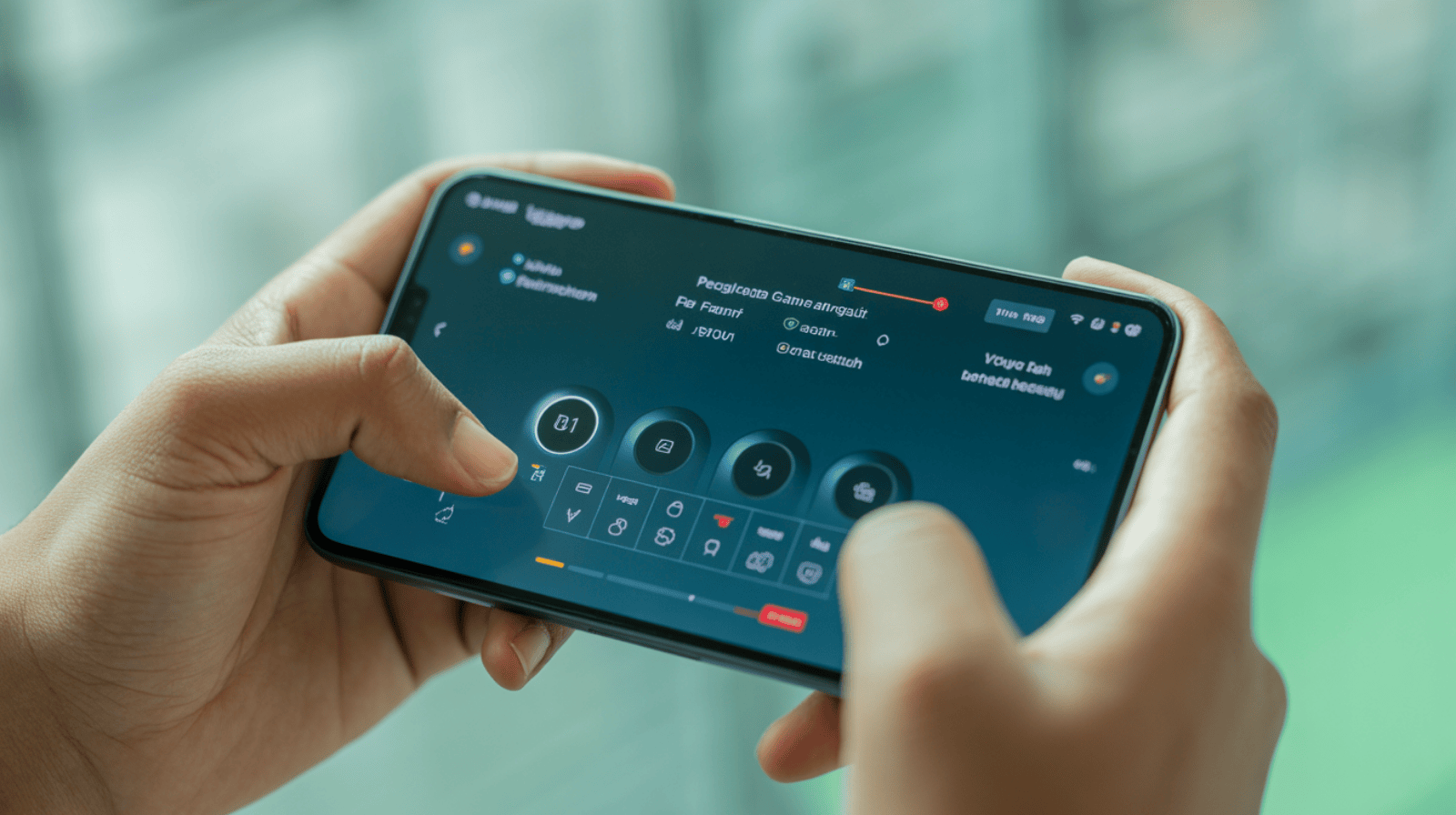 Menu pengaturan game mobile dengan grafis dan kontrol yang disesuaikan