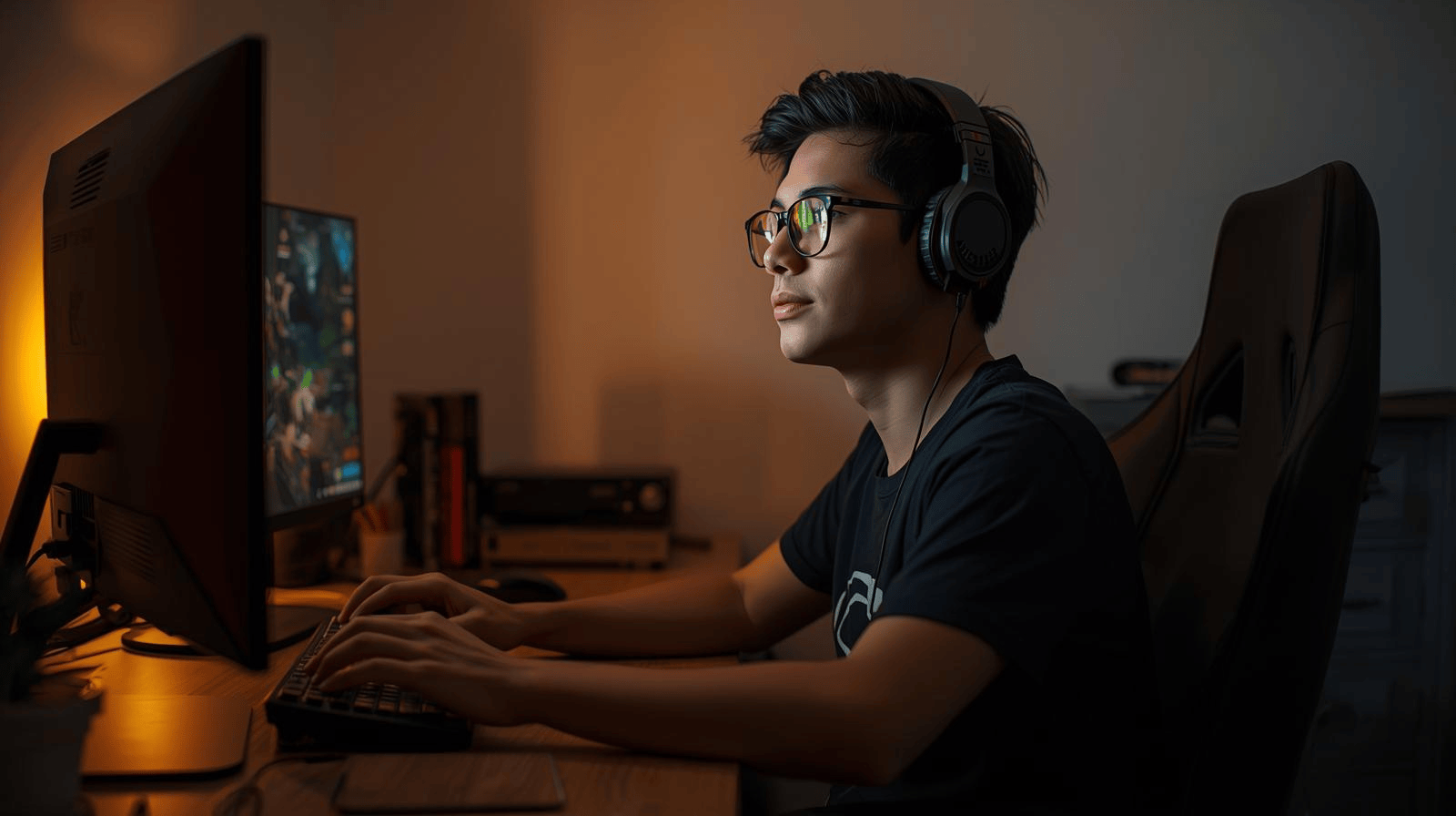 Gamer pemula Indonesia belajar bermain game dengan fokus di kamar sederhana