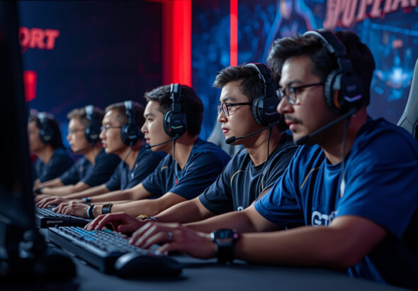 Tim esports berdiskusi strategi sebelum pertandingan kompetitif