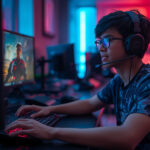 Gamer kompetitif bermain dengan tenang dan fokus