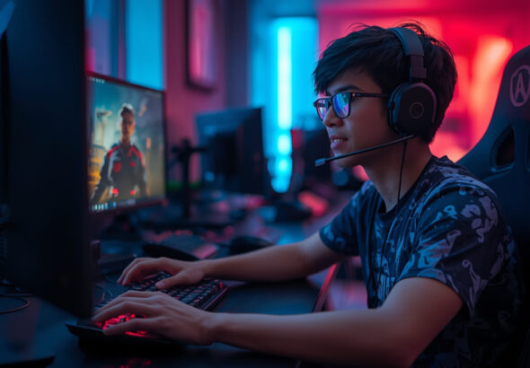 Gamer kompetitif bermain dengan tenang dan fokus