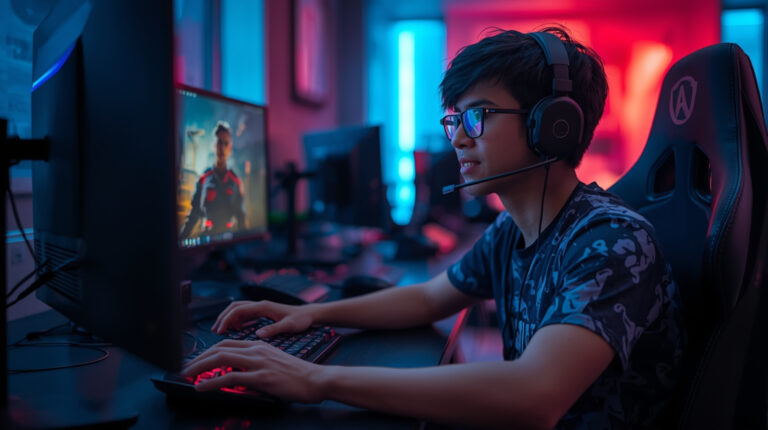 Gamer kompetitif bermain dengan tenang dan fokus